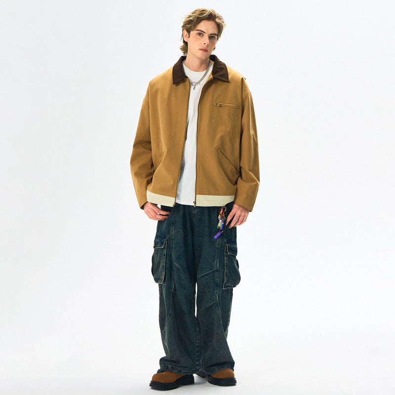 Men's Washed Polo Collar Jacket with Contrast Color British Style