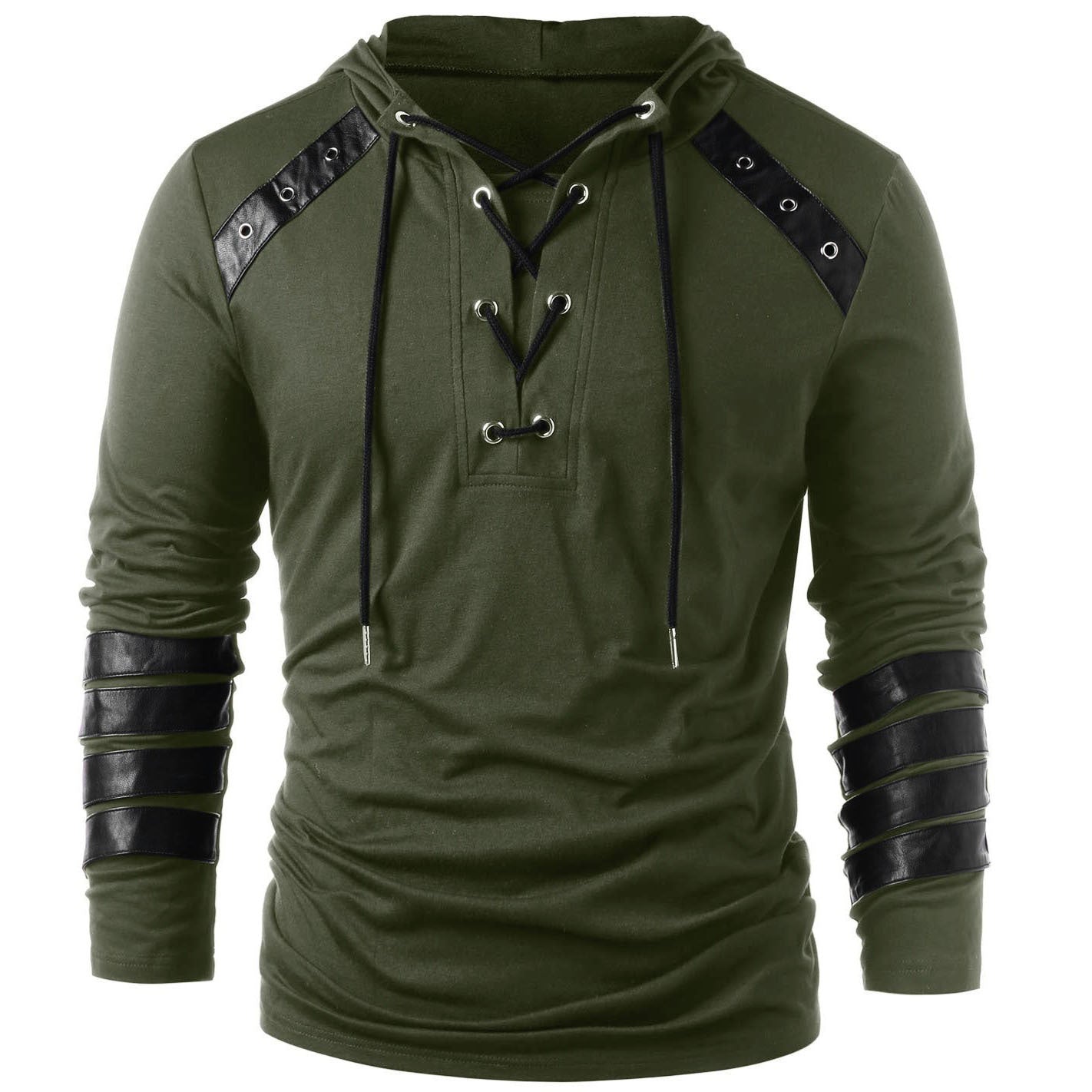 Men's Solid Color Lace Up Biker Style Cotton Hoodie