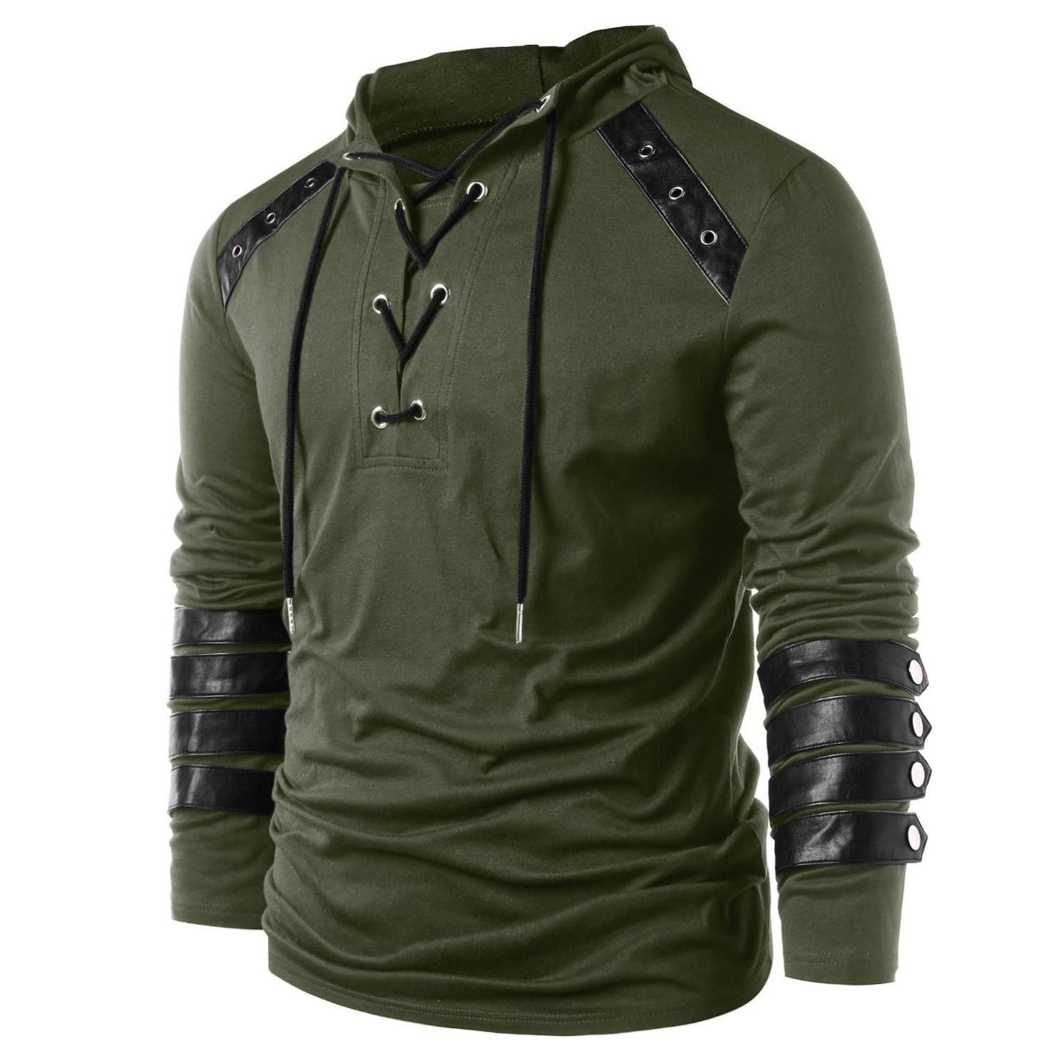 Men's Solid Color Lace Up Biker Style Cotton Hoodie