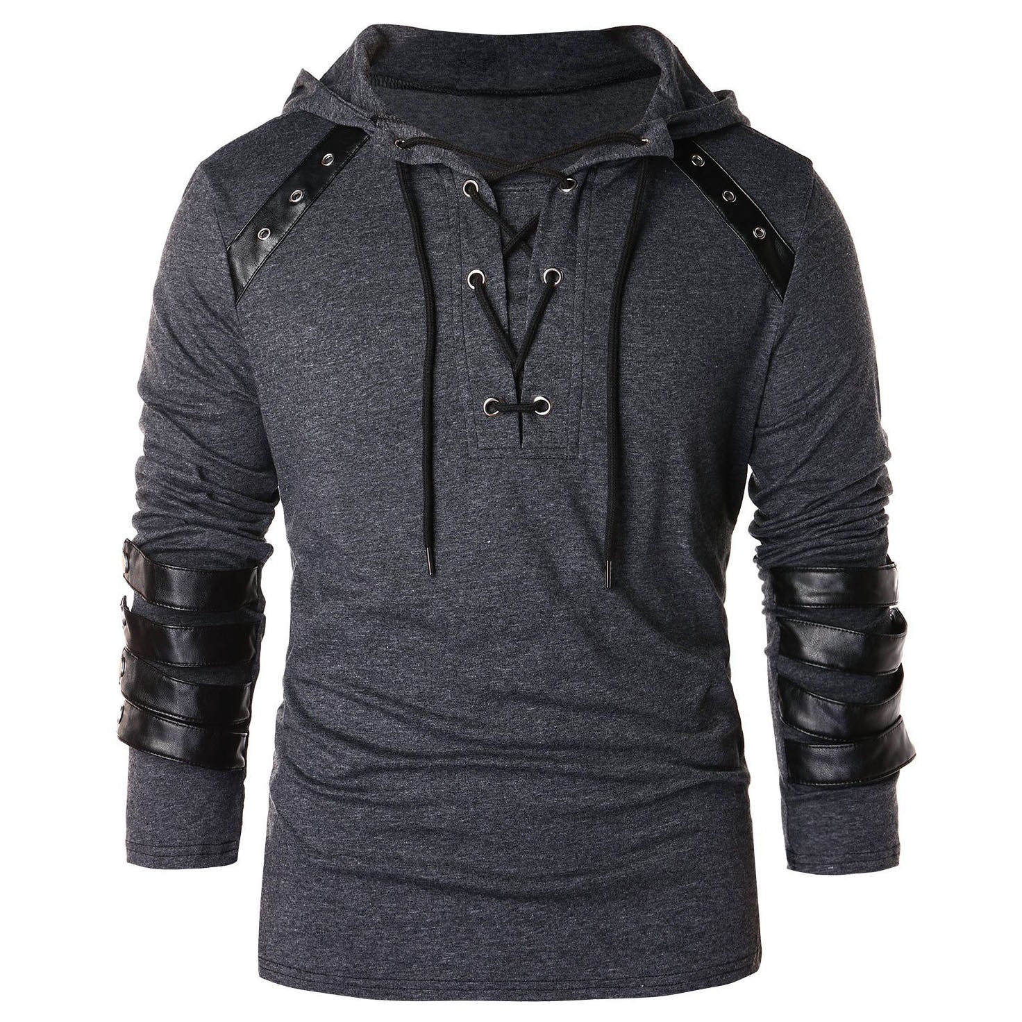 Men's Solid Color Lace Up Biker Style Cotton Hoodie