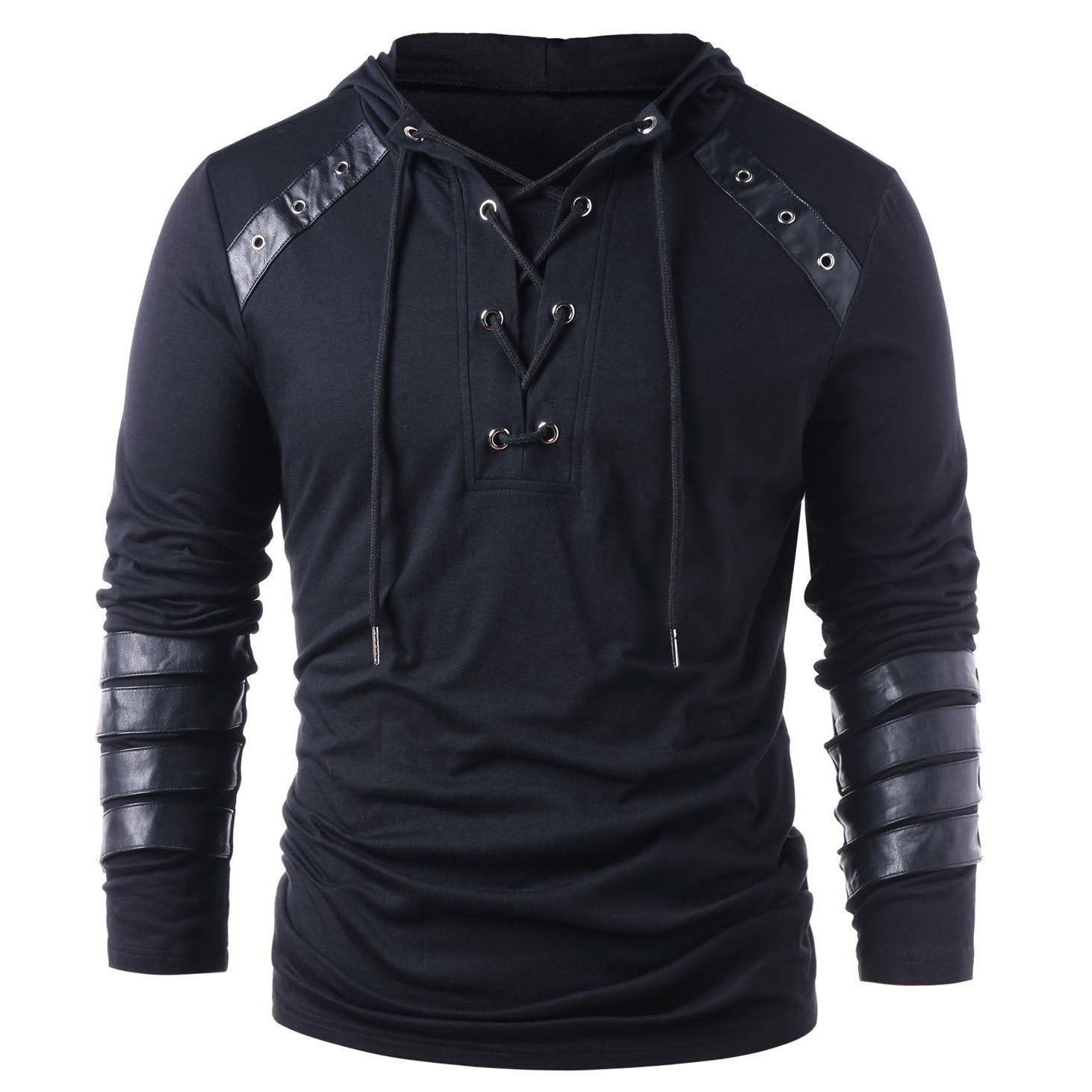 Men's Solid Color Lace Up Biker Style Cotton Hoodie