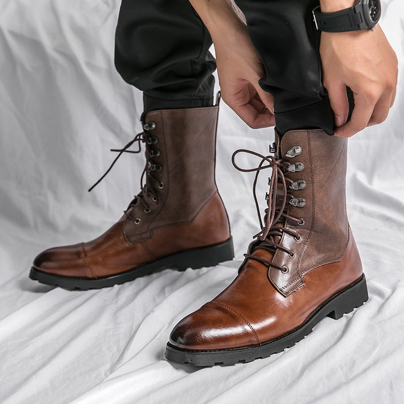 Men's Leather Denim Boots Casual Lace Up Fall Winter Footwear